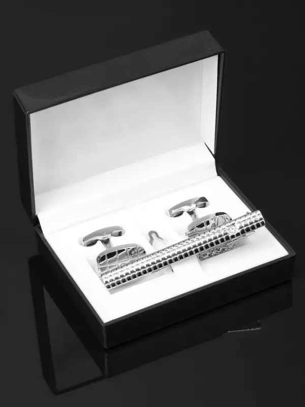 Набор мужской стальной &laquo;Запонки + Зажим для галстука&raquo;, клетки, белый в серебре