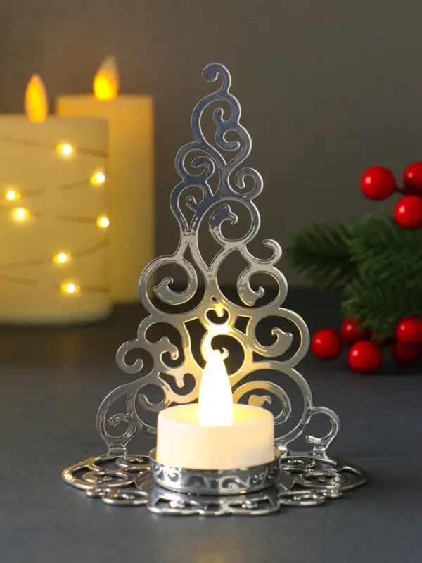 Подсвечник на 1 свечу «Ёлка новогодняя нарядная», металл под хром, 10×7.5×13.5 см