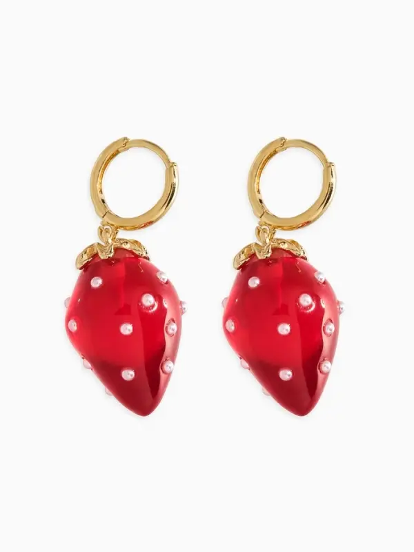 Серьги "Клубничка на кольце" в крапинку, цвет красный в золоте