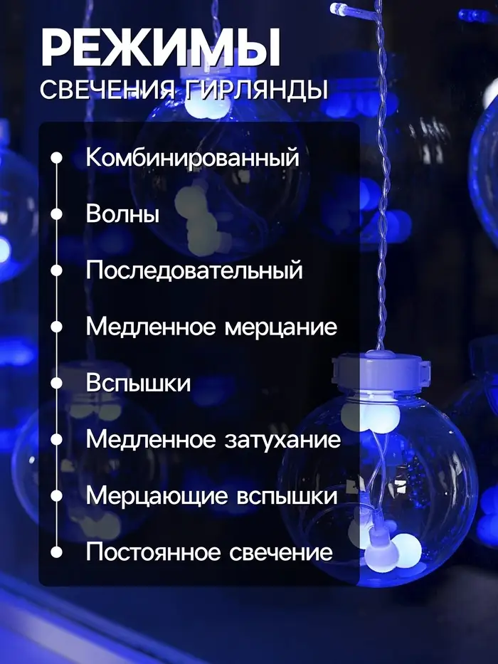 Гирлянда &laquo;Бахрома&raquo; 2.4&times;0.7 м с насадками &laquo;Шарики&raquo;, IP20, прозрачная нить, 108 LED, свечение синее, 8 режимов, 220 В
