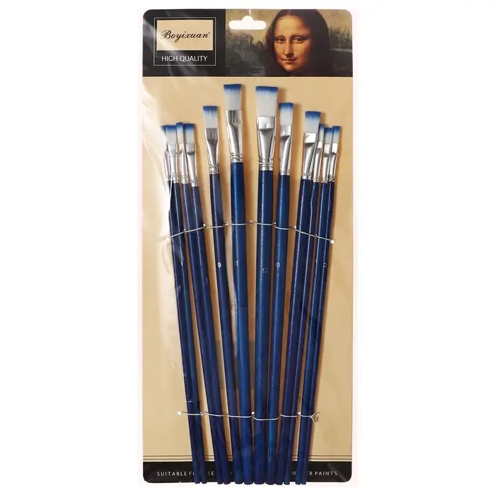 Набор кистей для рисования, нейлон, 12 штук: №1, 2, 3, 4, 5, 6, 7, 8, 9, 10, 11, 12, плоские, деревянная ручка, международный размер