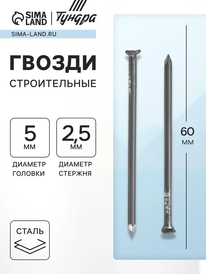 Гвозди ТУНДРА, строительные, ГОСТ 4028-63, без покрытия, 2.5&times;60 мм, фасовка 1 кг