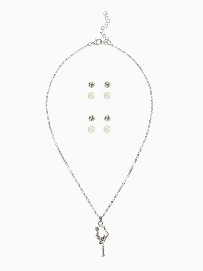 Гарнитур 5 предметов: 4 пары пусет, кулон &laquo;Гимнастка&raquo;, белые в серебре, 40 см