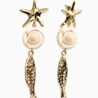 Серьги "Морской мир", рыбки с ракушкой, цвет белый в золоте