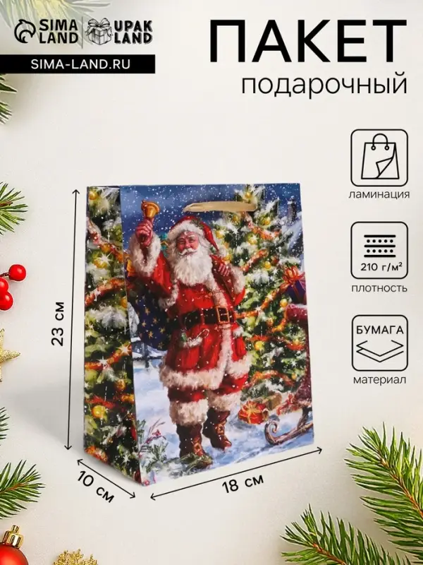 Пакет подарочный новогодний ламинированный &laquo;Санта&raquo;,18&times;23&times;10 см