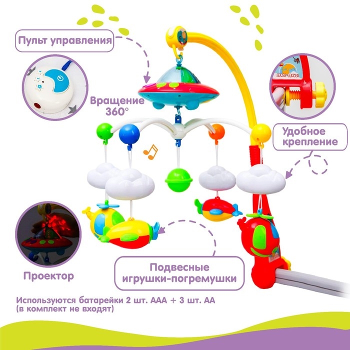Мобиль музыкальный на кроватку «Небо» с ночником, пульт управления, Крошка Я