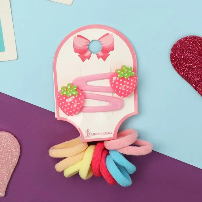 Набор для волос Набор для волос "Карамель" (10 резинок 1,5 см, 2 невидимки 3,5 см) клубнички, розовый