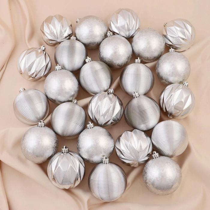 Ёлочные игрушки, шары новогодние , пластик, набор d-8 см, 24 шт Ёлочные игрушки, шары новогодние , пластик, набор d-8 см, 24 шт "Зимний шик" серебро