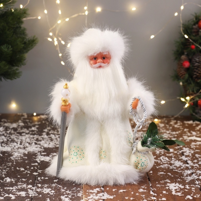 Дед Мороз  Дед Мороз "В пушистой шубе, с мешком" двигается, 30х19 см, белый