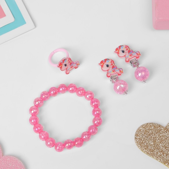 Набор детский «Выбражулька» 3 предмета: клипсы, браслет, кольцо, единороги, красный Набор детский «Выбражулька» 3 предмета: клипсы, браслет, кольцо, единороги, красный