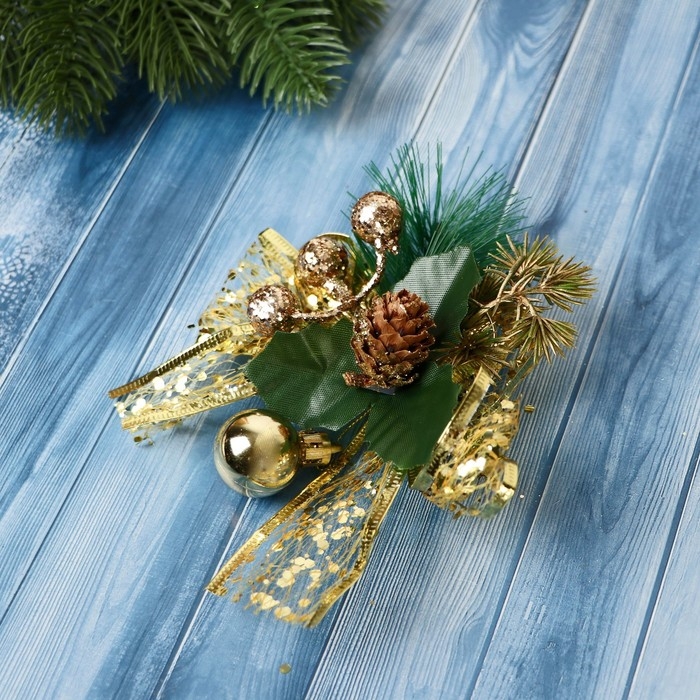 Украшение ёлочное Украшение ёлочное "Еловая композиция" (набор 2 шт) бант блеск шишка, 11х9 см, золото