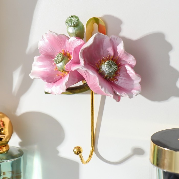 Крючок декоративный полистоун, металл Крючок декоративный полистоун, металл "Розовые маки" 11,3х9 см