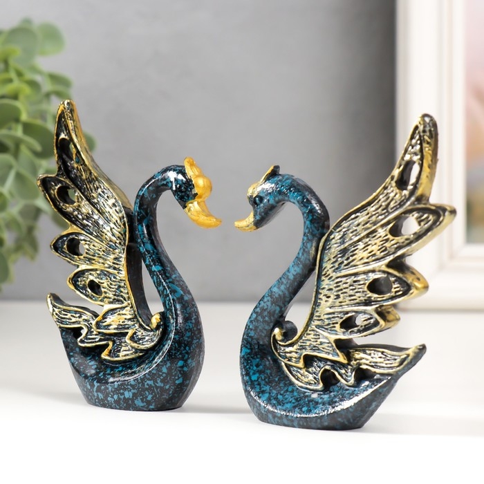 Сувенир полистоун Сувенир полистоун "Синий лебедь с золотыми крыльями" набор 2 шт 2,5х7,5х9 см