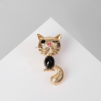 Брошь «Котёнок» подмигивающий, цвет чёрный в золоте