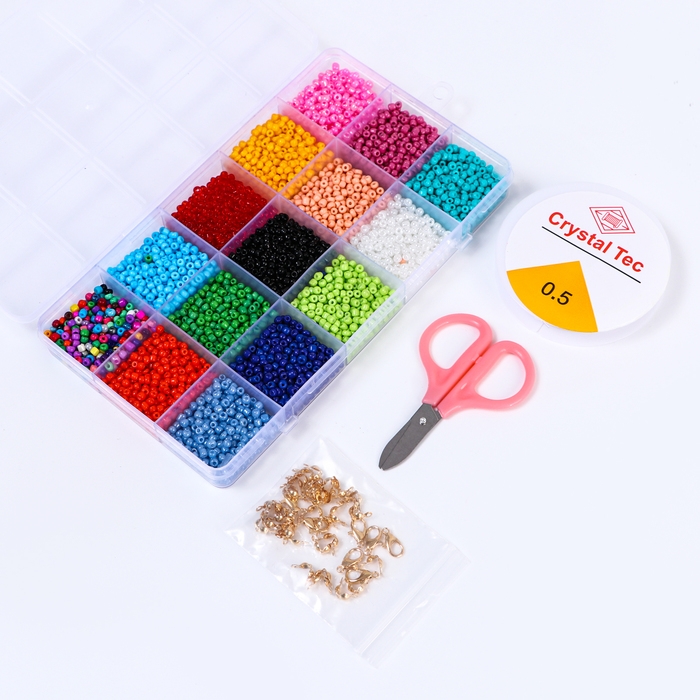 Набор для создания украшений, 15 цветов, размер 1 штуки: 3 мм., леска, ножницы Набор для создания украшений, 15 цветов, размер 1 штуки: 3 мм., леска, ножницы