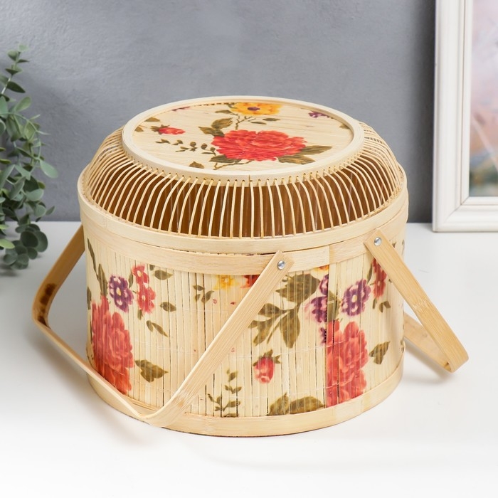 Шкатулка бамбук Шкатулка бамбук "Сад с пионами" ажур, с ручками 19х26х26 см