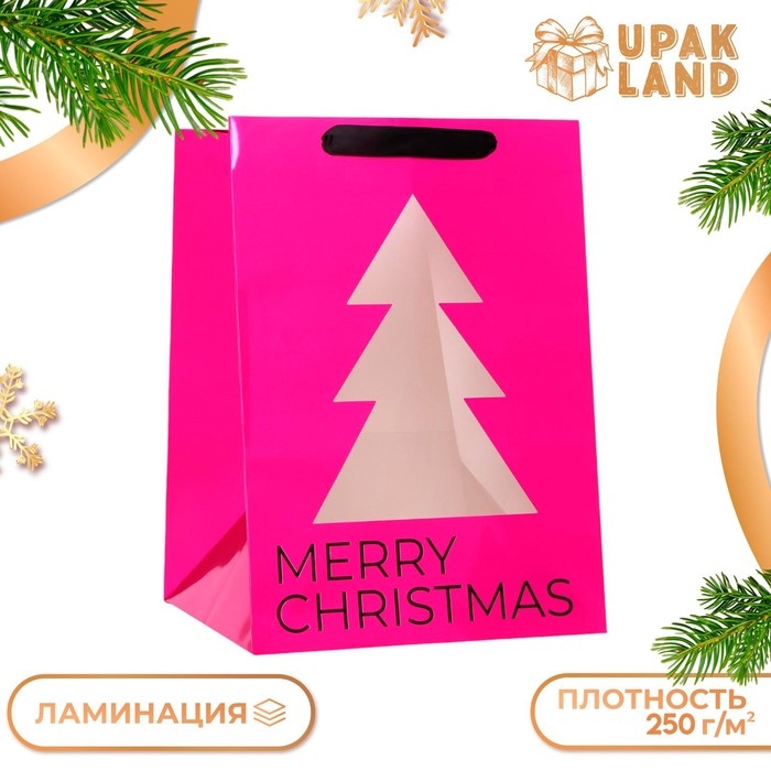 Пакет подарочный новогодний с окном, метализированный, Пакет подарочный новогодний с окном, метализированный, "Ёлка", 32 х 32 х 45 см. Новый год