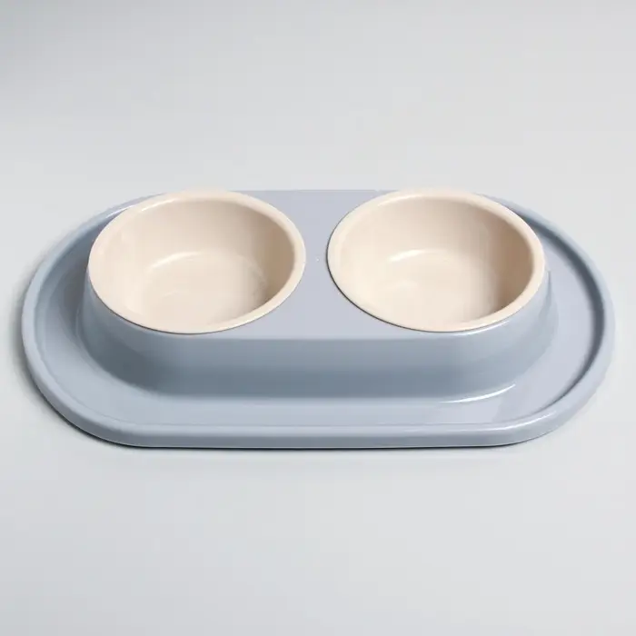 Миска двойная для животных &laquo;Мур-мяу&raquo;, 300 мл, на подставке, пластик, серая