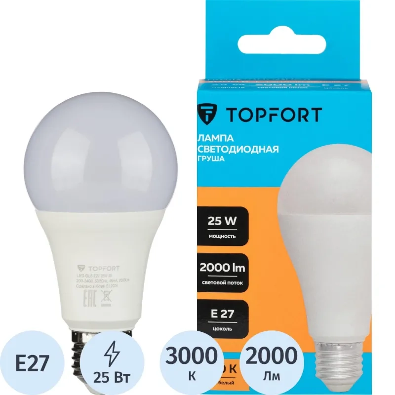 Лампа светодиодная Topfort E27 25W 3000K груша