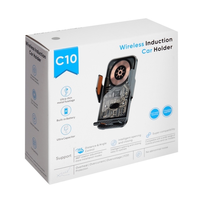 Автомобильный держатель для телефона C10, беспроводная зарядка, автозахват, 15 W, серый Автомобильный держатель для телефона C10, беспроводная зарядка, автозахват, 15 W, серый