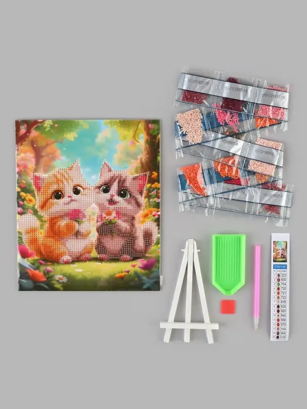 Алмазная мозаика &laquo; Котики с цветами&raquo; 21&times;25 см, с мольбертом