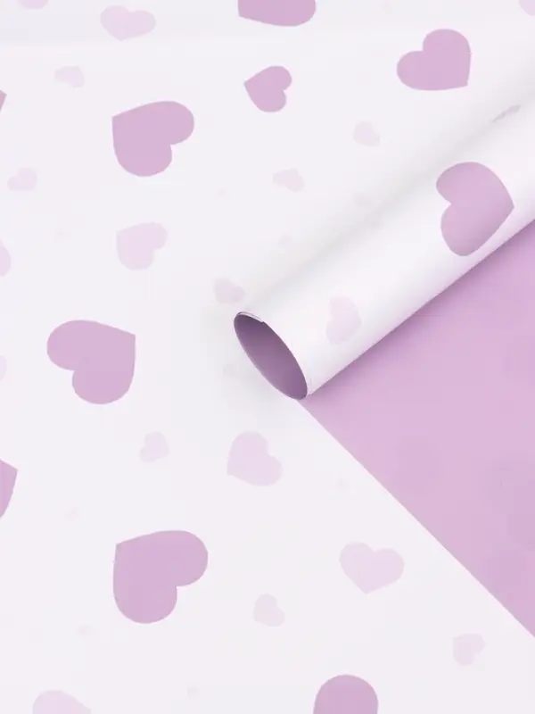 Пленка для цветов, "Сердца на белом", сиреневый, 57х57 см