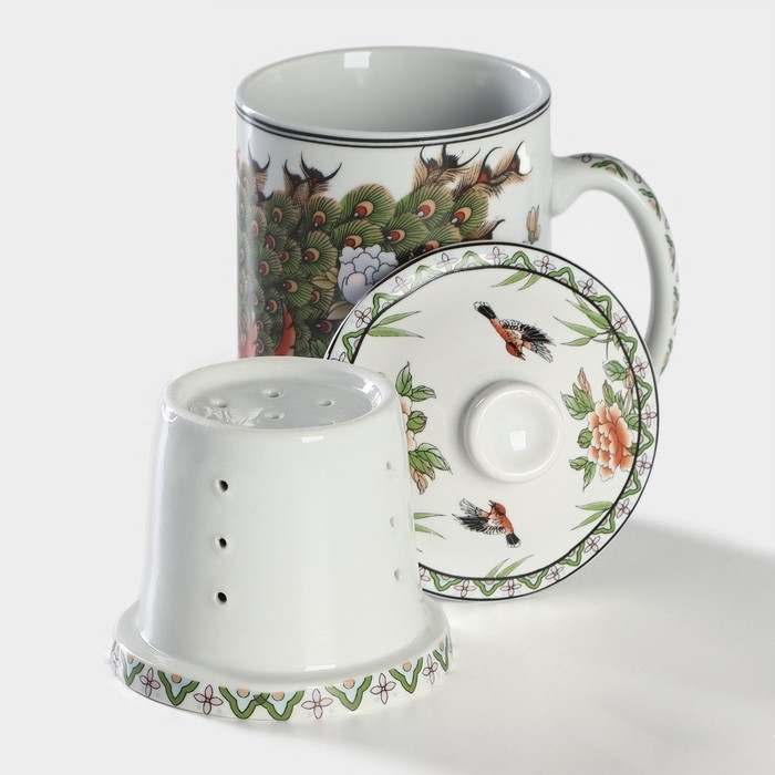 Кружка керамическая с крышкой и ситом «Цветы», 300 мл