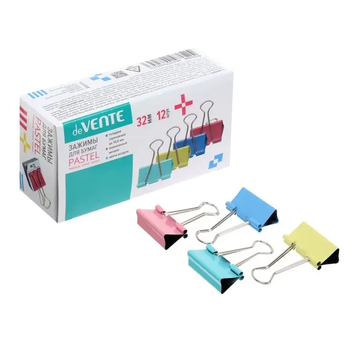 Зажимы для бумаг 32 мм, 12 штук, deVENTE, металлические, МИКС х 4 цвета, картонная коробка Зажимы для бумаг 32 мм, 12 штук, deVENTE, металлические, МИКС х 4 цвета, картонная коробка