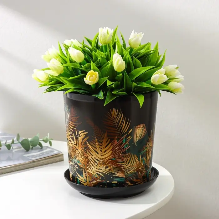 Горшок для цветов с поддоном Доляна «Голди. Листья», 1,6 л, d=14 см, h=15,5 см, пластиковый, цвет чёрный Горшок для цветов с поддоном Доляна «Голди. Листья», 1,6 л, d=14 см, h=15,5 см, пластиковый, цвет чёрный