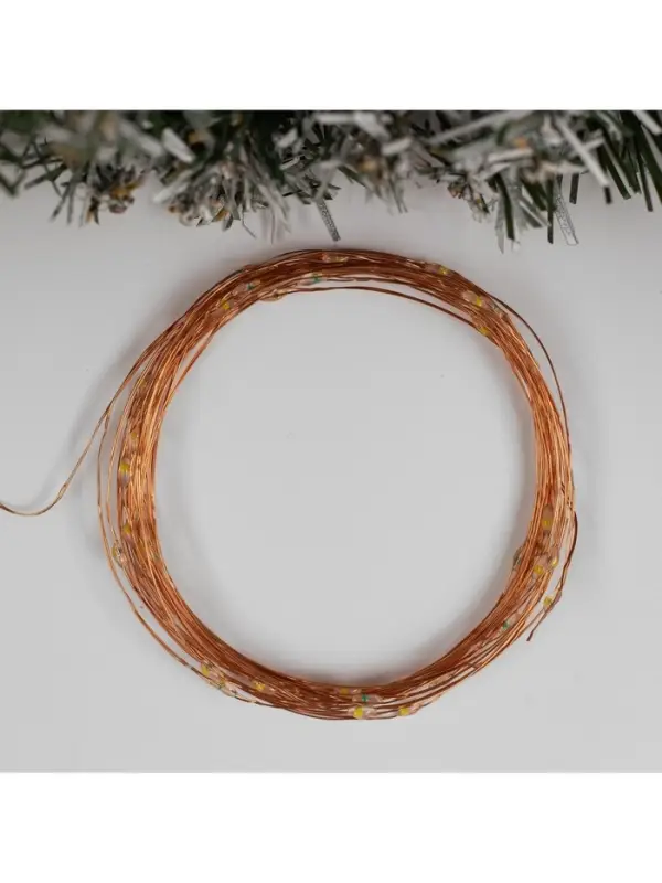 Гирлянда &laquo;Нить&raquo; 5 м, роса, IP20, медная нить, 50 LED, мерцание всех светодиодов, от батареек АА&times;3, свечение тёплое белое