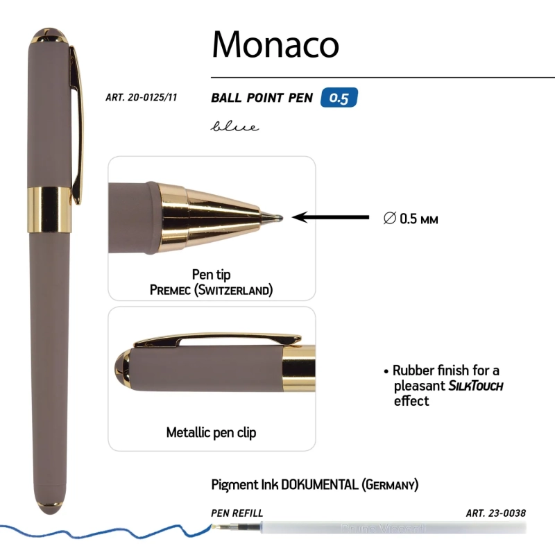 Ручка шариковая неавтомат. MONACO серый корп,0,5мм,син,манж20-0125/11