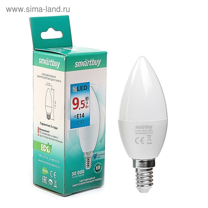 Лампа светодиодная Smartbuy, Е14, C37, 9.5 Вт, 6000 К, холодный белый свет Лампа светодиодная Smartbuy, Е14, C37, 9.5 Вт, 6000 К, холодный белый свет