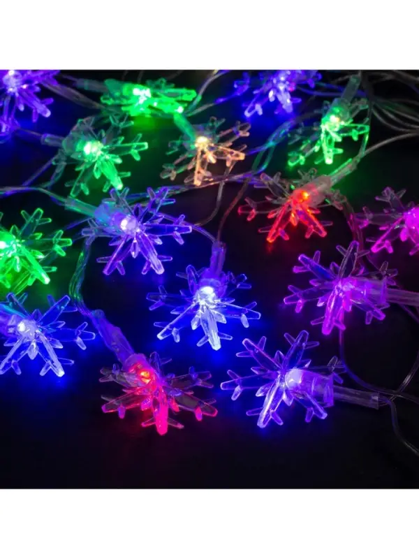 Гирлянда &laquo;Нить&raquo; 5 м с насадками &laquo;Снежинки большие&raquo;, IP20, прозрачная нить, 20 LED, свечение мульти (RG/RB), мигание, 220 В