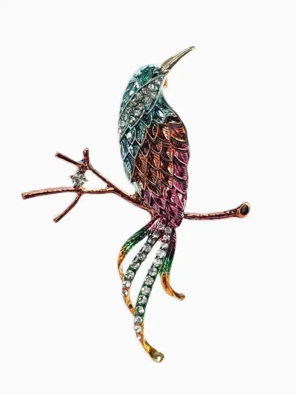 Брошь &laquo;Птица&raquo; на ветке, цветная в золоте