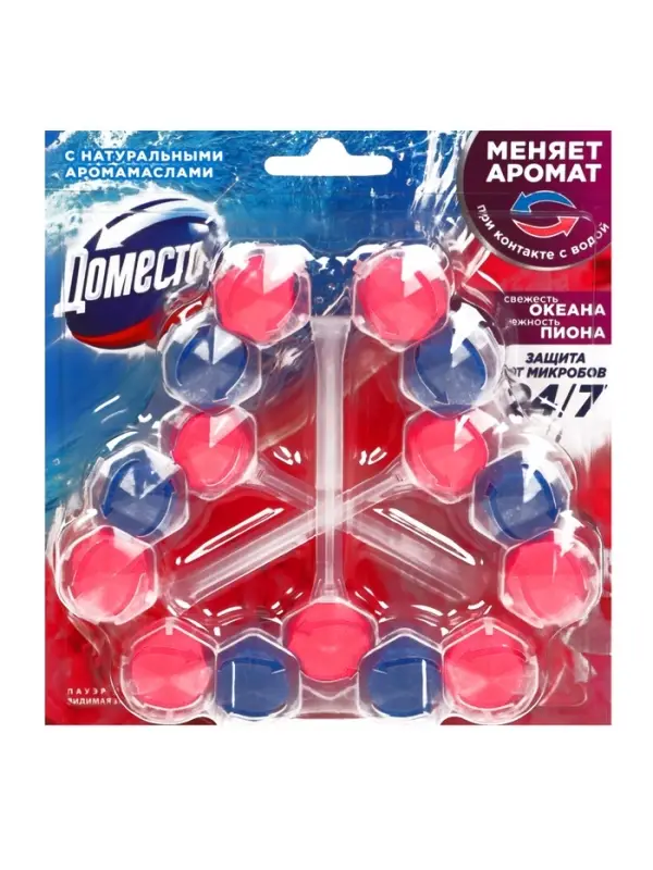 Туалетные блоки для очищения унитаза ДОМЕСТОС свежесть океана и нежность пиона, 3 шт по 50 г 1099863