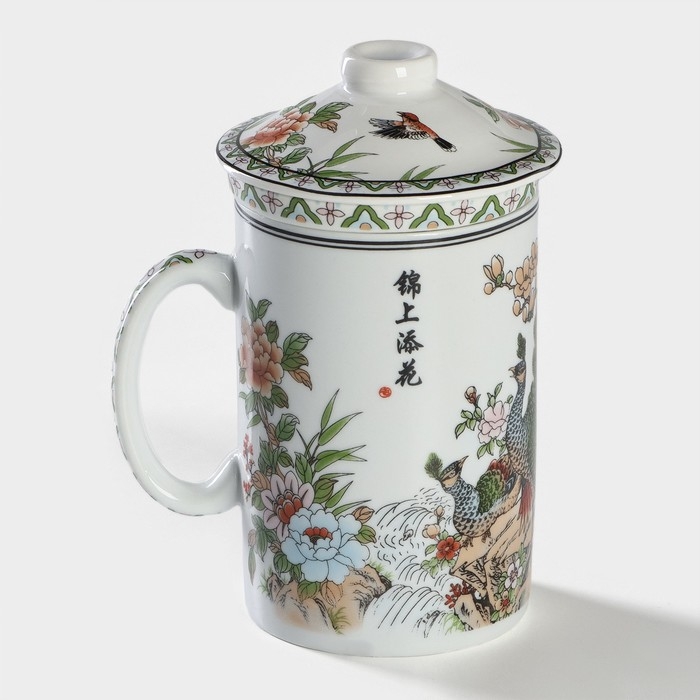 Кружка керамическая с крышкой и ситом «Цветы», 300 мл