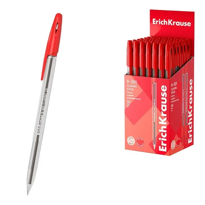 Ручка шариковая Erich Krause R=301 Classic Stick, узел 1.0 мм, чернила красные, длина линии письма 2000 метров, штрихкод на ручке