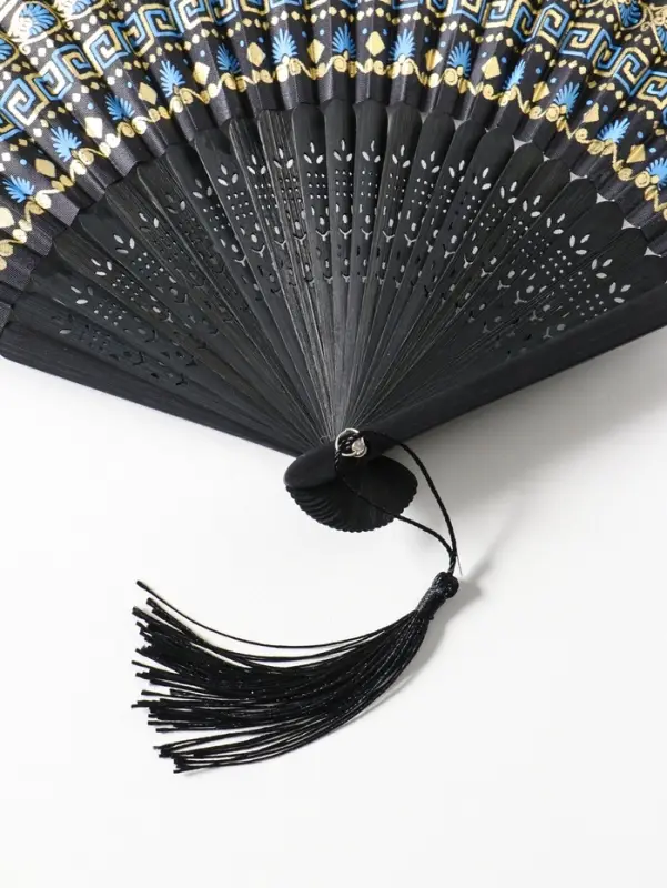 Веер складной с кисточкой &laquo;Греческий орнамент&raquo;, чёрный с золотом, 23 см