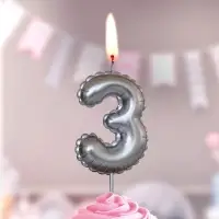 Свеча в торт на шпажке "Воздушая цифра", цифра "3", серебро