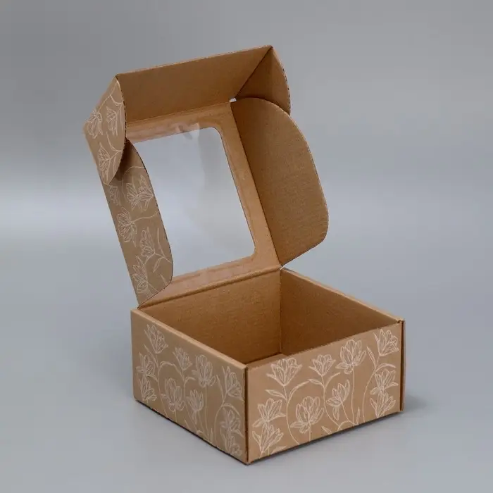 Коробка подарочная сборная с окном, упаковка, &laquo;Цветы&raquo;, бурый, 16 х 8 х 16 см