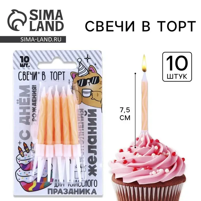Свечи для торта «С Днём Рождения», оранжевые, 10 шт., 7,5 х 0,5 см Свечи для торта «С Днём Рождения», оранжевые, 10 шт., 7,5 х 0,5 см