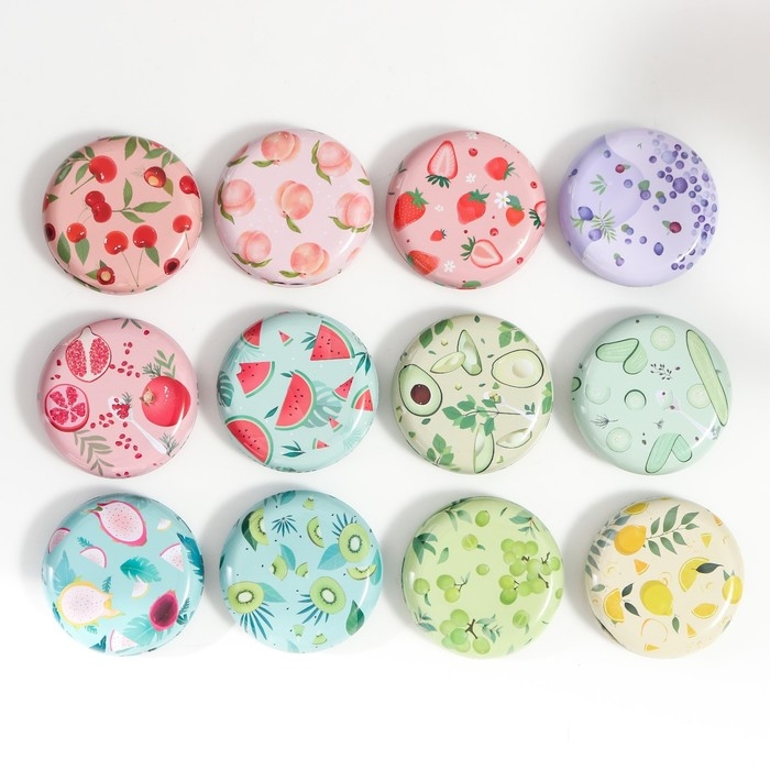 Шкатулка металл круглая Шкатулка металл круглая "Фрукты и овощи" фасовка 12 шт 1,8х7х7 см