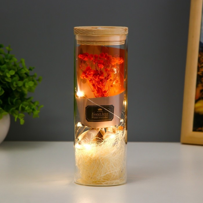 Ночник колба  Ночник колба "Букет из красных цветов" LED от батареек LR1130 6,5х6,5х19 см RISALUX