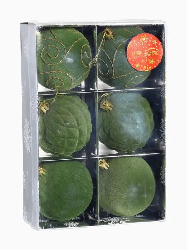 Набор шаров пластик d-8 см, 6 шт Набор шаров пластик d-8 см, 6 шт "Бархат. Стиль, завитки" зелёный