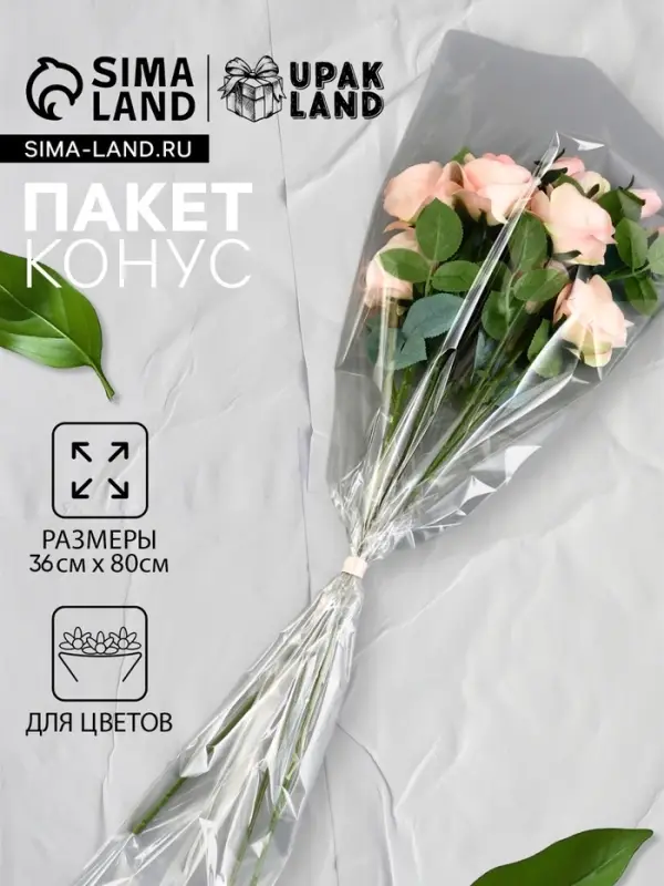 Пакет для цветов, конус, 15+36×80 см, прозрачный Пакет для цветов, конус, 15+36×80 см, прозрачный