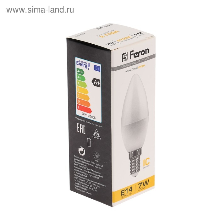 Лампа светодиодная FERON, С37, 7 Вт, Е14, 2700 К, теплый белый Лампа светодиодная FERON, С37, 7 Вт, Е14, 2700 К, теплый белый