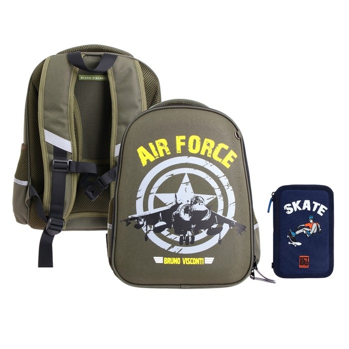 Рюкзак каркасный 38 х 30 х 20 см, + пенал, Bruno Visconti Рюкзак каркасный 38 х 30 х 20 см, + пенал, Bruno Visconti "МИЛИТАРИ AIR FORCE"