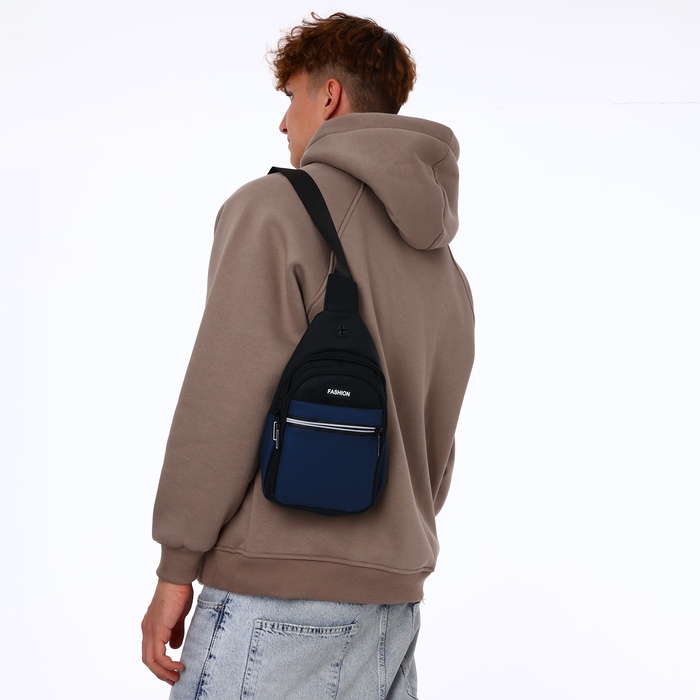 Сумка-слинг из текстиля, 3 наружных кармана, цвет синий Сумка-слинг из текстиля, 3 наружных кармана, цвет синий