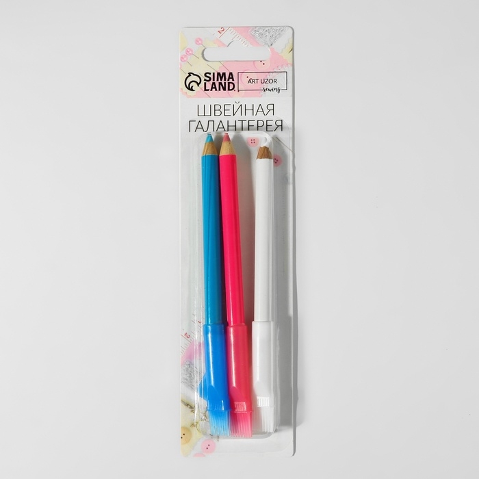 Карандаш для ткани с щёткой, 3 шт, цвет белый, розовый, синий Карандаш для ткани с щёткой, 3 шт, цвет белый, розовый, синий