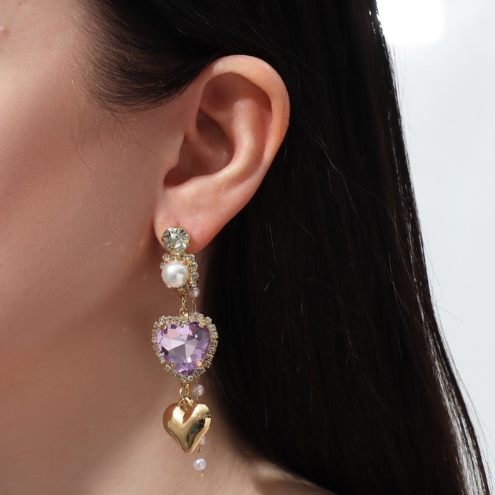 Серьги висячие со стразами «Сердце», цветные в золоте